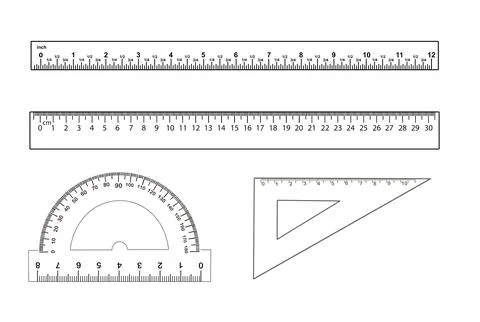 Rulers, triangle and protractor on white background, collage. Illustration Stock Illustration