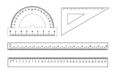 Rulers, triangle and protractor on white background, collage. Illustration Stock Illustration