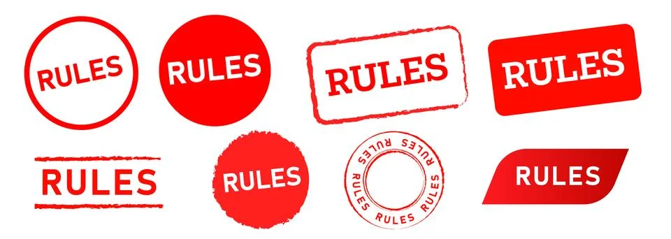 Rules red circle and square rubber stamp rubber label sticker sign Stock Illustration