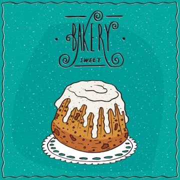 Rum baba with white icing on lacy napkin Stock Illustration
