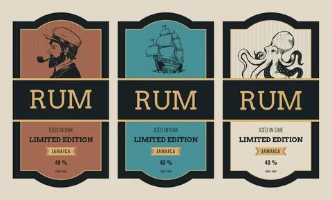 Rum label. Whiskey or gin bottle. Liquor drink tag. Retro old alcohol sign... Stock Illustration