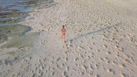 Run away on the sand beach along the water aerial footage from the back Stock Footage 100653273