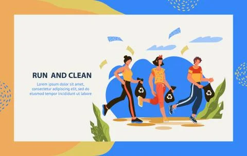 Run to clean the header in web banner template for plogging marathon. Stock Illustration