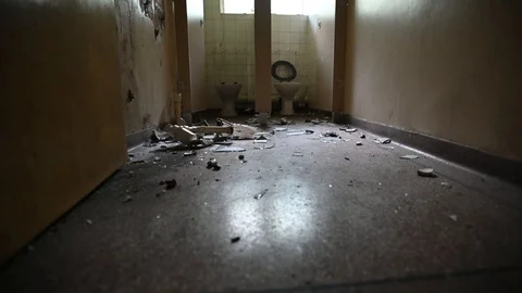Run Down Bathroom Within An Abandoned Derelict Building Stock Footage 113814750