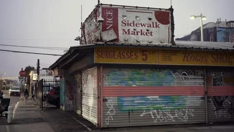 Run down grungy shop front on the boardwalk Stock Footage 99157917