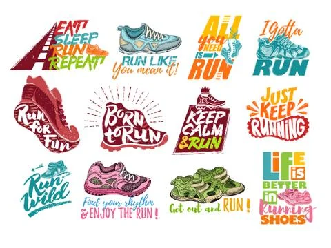 Run lettering on running shoes vector sneakers or trainers with text signs for Stock Illustration