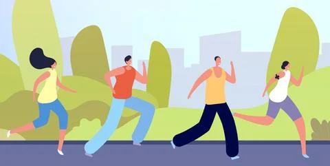 Run in park. Active people crowd, flat man woman running on nature. Outdoor Ilustración de archivo