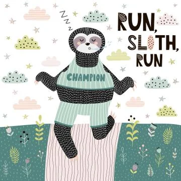 Run Sloth funny print. Cute card with sleeping and running sloth 스톡 일러스트