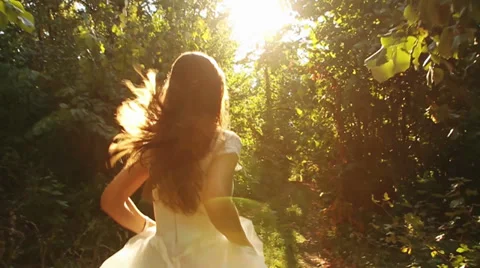 Runaway Bride Concept Running in Forest HD Stock Footage 29463078