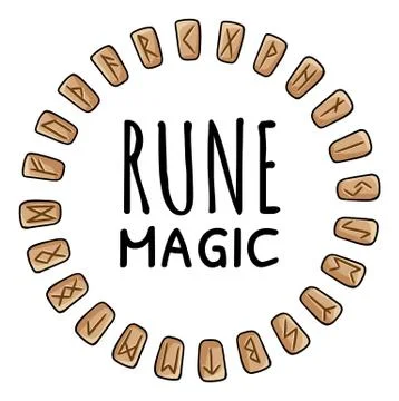 Rune magic. Runic wreath of celtic symbols. Set of wooden runes in a circle c Stock Illustration