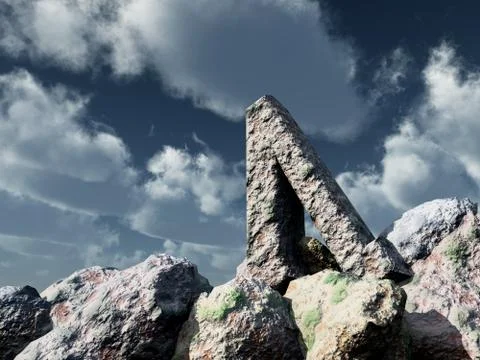 Rune rock under cloudy blue sky - 3d illustration Stock Illustration