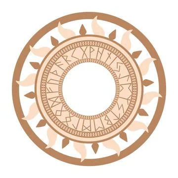 Runic circle, an ancient symbol, decorated with Scandinavian patterns. Beige  イラスト素材