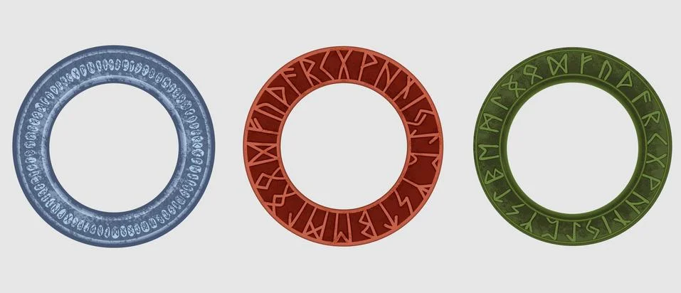 Runic frame ancient circle template set. Runic bronze green hoop, nordic Stock Illustration