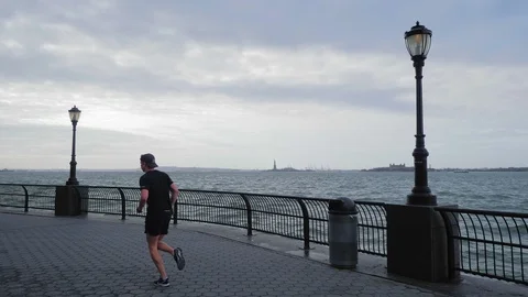 Runner along the Hudson River Stock Footage 129167584
