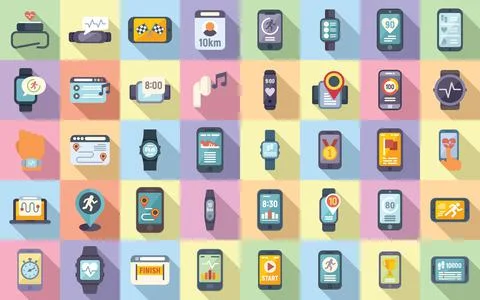 Runner app icons set flat vector. Body activity Stock Illustration