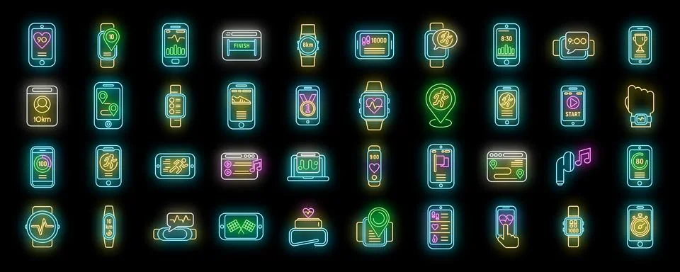 Runner app icons set vector neon Stock Illustration
