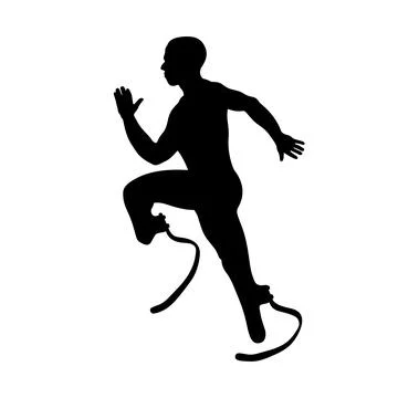 Runner athlete with prosthetic two legs, black silhouette on white background 스톡 일러스트