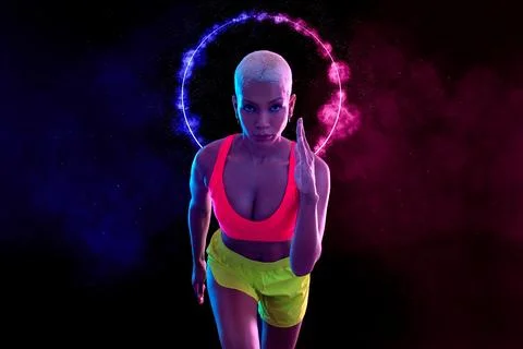 Runner banner with neon lights. Running template for ads design with copy space. Stock-Fotos