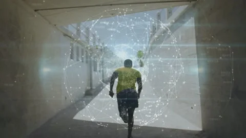 Runner with blade spotting exit and sprinting toward sunlight, sports tech Stock Footage 333301505