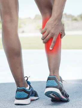 Runner, calf pain and leg injury accident during fitness running exercise in Stock Photos