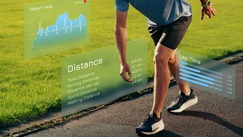 Runner checks fitness data while jogging on a track in the park during daylight Stock Photos