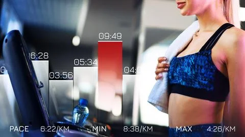 Runner checks workout stats while training on treadmill at gym during daytime Stock Photos
