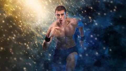 Runner concept. Athlete sprinter running outdoors. Fitness and sport motivation Stock Photos