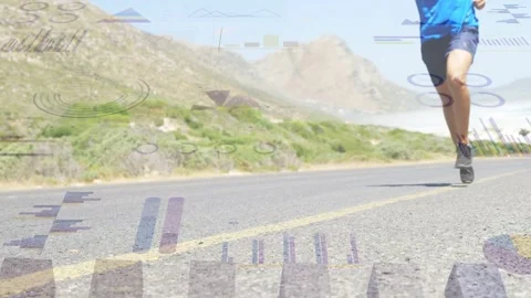Runner entering frame toward low camera on road, overlays highlighting foot Stock Footage 334883697