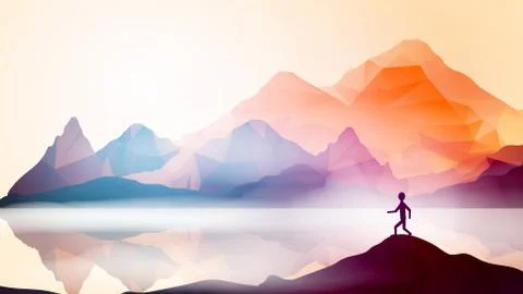 Runner on Geometric Mountain Background - Vector Illustration. Stock Illustration