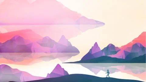 Runner on Geometric Mountain Background - Vector Illustration. Stock Illustration