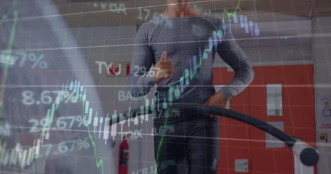 Runner gripping bar and jogging on treadmill, generating animated stock chart Stock Footage 312017698