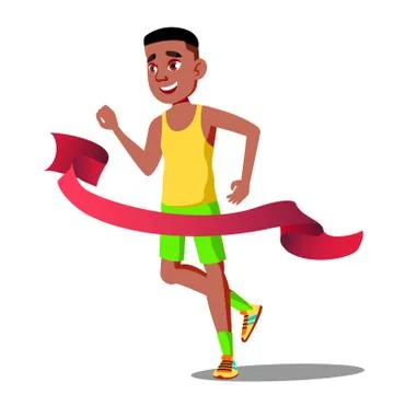 Runner Guy In Competitions Crosses The Finish Line With Ribbon Vector. Isolated Stock Illustration