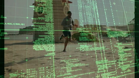 Runner jogging beach passing tower starting tech grid and green code grabbing Stock Footage 313093657