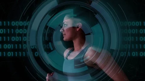 Runner jogging while ring forming at head causing teal HUD expanding showing Stock Footage 331833135