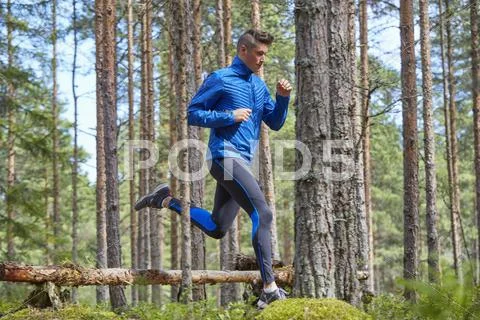 Runner jumping over fallen log on trail in woods Stock Photos