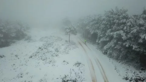 Runner man running at the forest full of snow. Drone shot near the trees. Stock Footage 146551361
