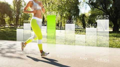 Runner measures pace on a path in a park during a sunny afternoon Stock Photos