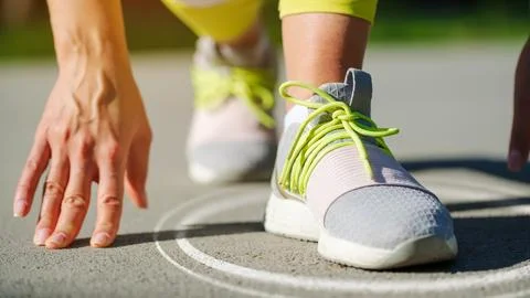 Runner prepares to start a sprint on the track during a sunny day in a sports Stock Photos