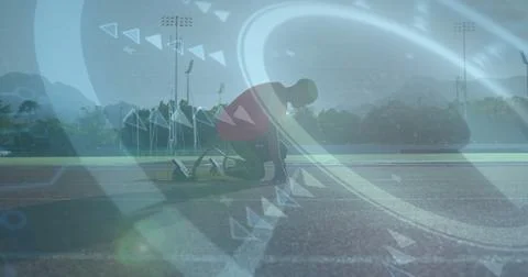 Runner preparing for sprint start over futuristic data processing image Ilustração Stock