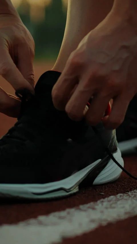 Runner preparing for a workout by tying shoelaces on a sports field at sunse Stock Footage 331724824
