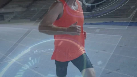 Runner pushing off with prosthetic blade and starting sports HUD for data angle Stock Footage 332316508