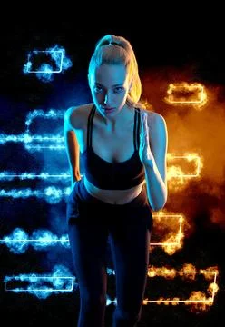Runner running. Athlete sprinter run. Fit woman Influencer in neon colors 写真素材