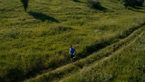 Runner running in the field. Aerial drone footage. Stock Footage 118537552