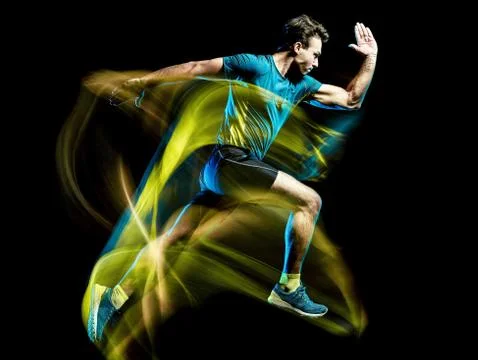 Runner running jogger jogging man isolated light painting black background Stock Photos