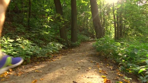 Runner speeding uphill in the forest. Super slow motion steadicam tracking video Stock Footage 65688416
