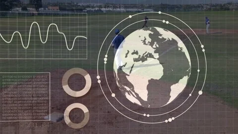 Runner sprinting to first as throw sparking globe HUD expanding over infield for Stock Footage 333610176