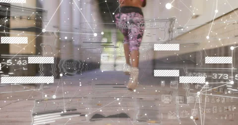 Runner on street with digital data and network connections overlay animation Stock Footage 305831116