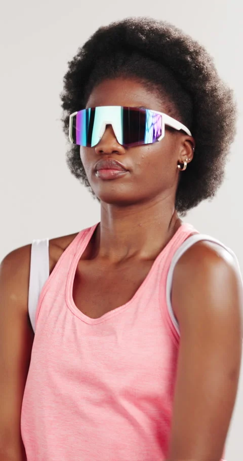 Runner, stretching and sunglasses with black woman in studio for health, fitness Stock Footage 320452807