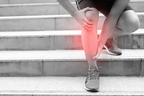Runner touching painful twisted or broken. Athlete training, running up and.. Stock Photos