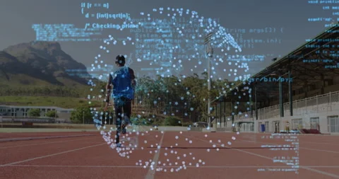 Runner on track with digital data and coding animation overlay Stock Footage 305535559